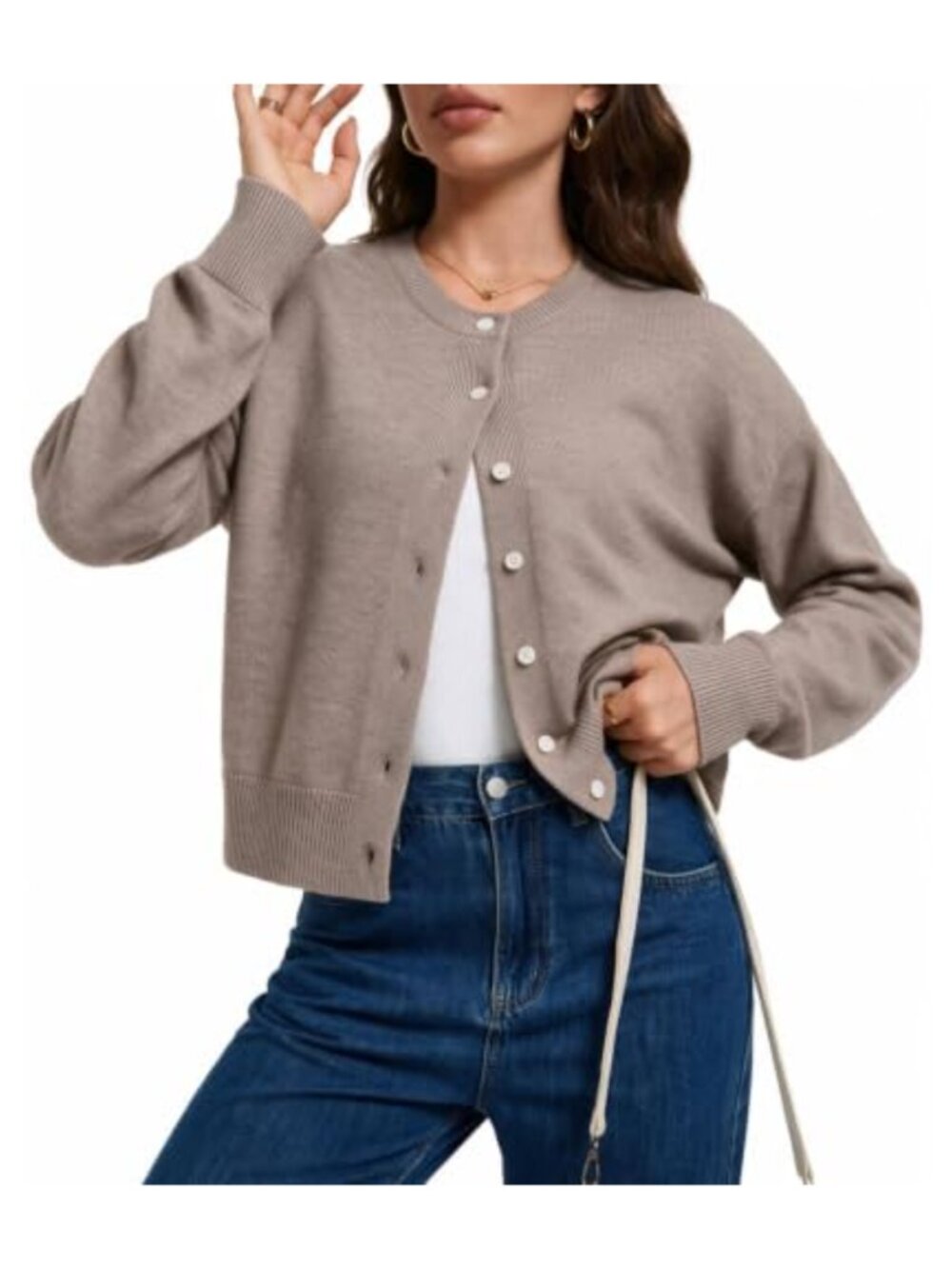 Cropped Knit Cardigan Crew Neck Button Up Long Sleeve Slim Fit Casual
